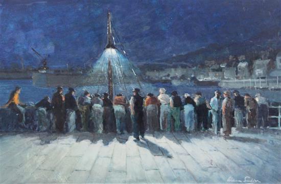William Scudder (20th C.) Fisherman along the wharf at night, 15.5 x 23.5in.